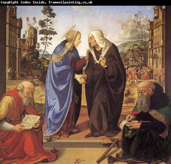 Piero di Cosimo Virgin Marie besokelse with St. Nicholas and St. Antonius